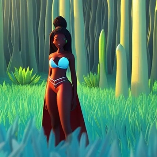 Ung snygg svart tjej som posar i mjuka kläder i en aloe vera skog.